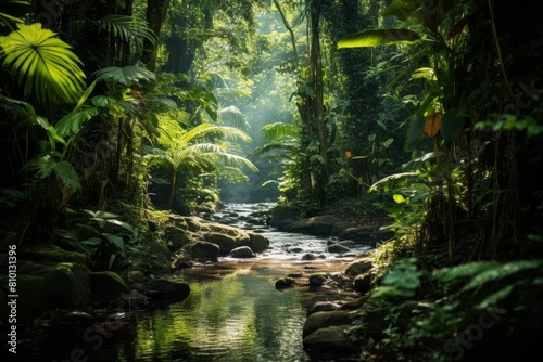lush tropical rainforest with flowing stream