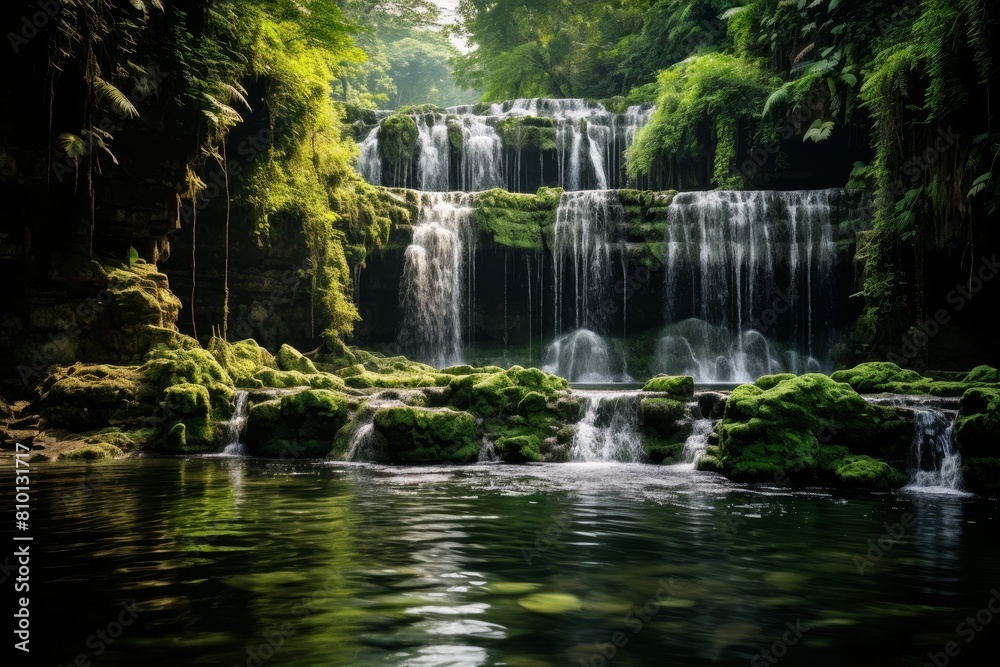 Lush green waterfall in tropical forest