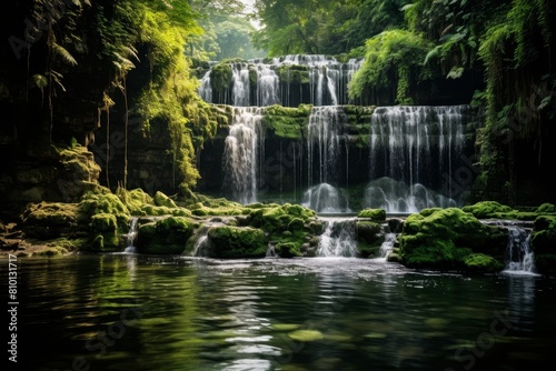 Lush green waterfall in tropical forest
