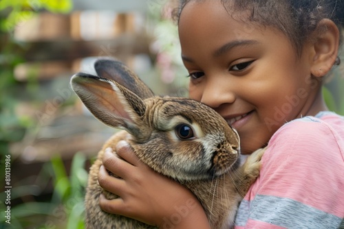 Dziecięca radość: Mała dziewczynka tuląca królika #810131986