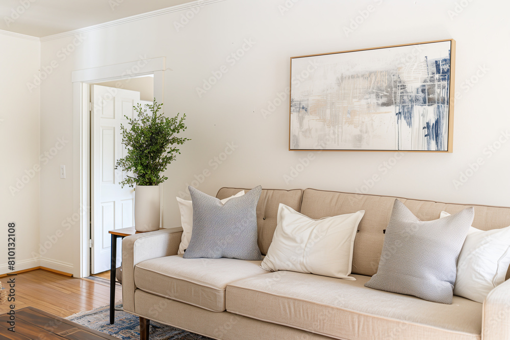 Fototapeta premium A light and airy living room with a beige sofa, grey pillows, and an abstract painting on the wall above it. The walls have white paint and there is wooden flooring in the space.