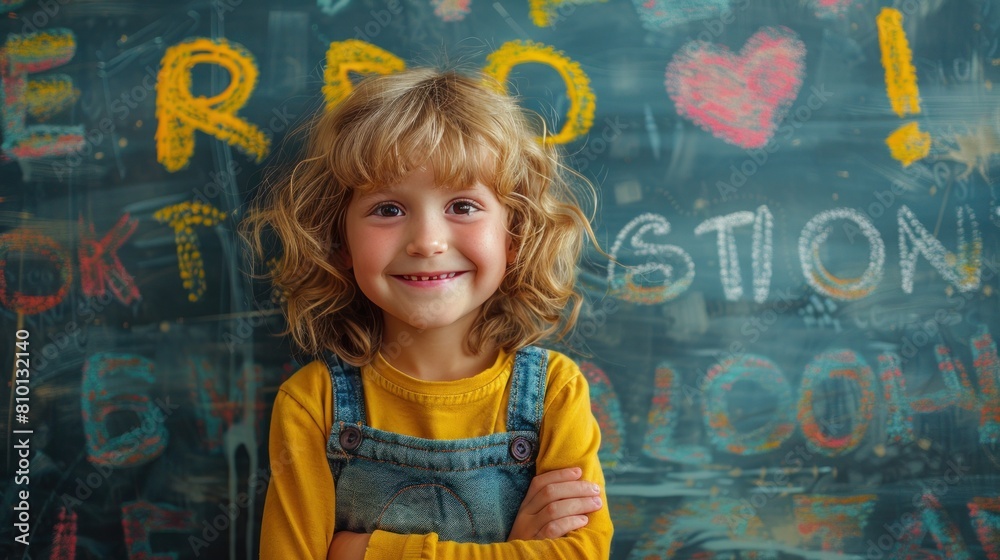 A young girl is smiling at the camera in front of a chalkboard with the words A young girl is smiling at the camera in front of a chalkboard with the words