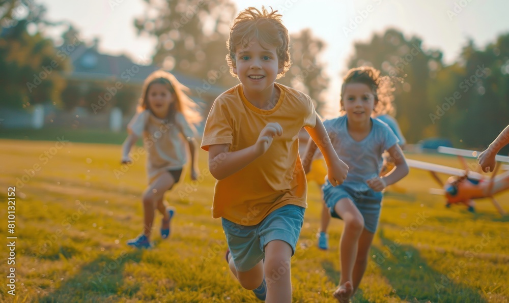 A group of children are running in a field, with one of them holding a toy airplane. The scene is lively and playful, with the children enjoying their time outdoors