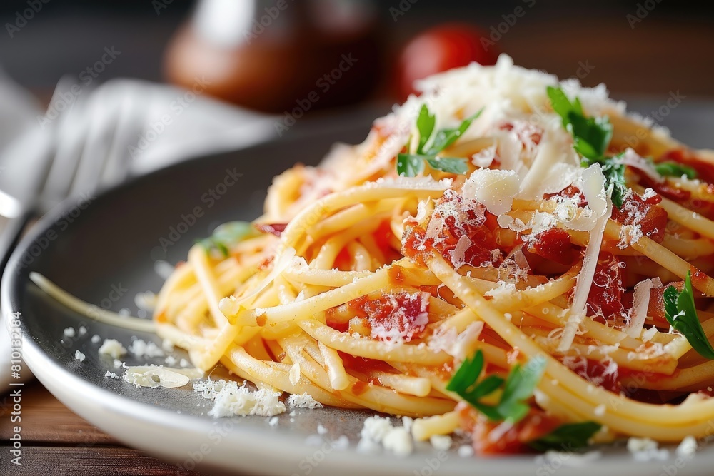 Fototapeta premium A delicious plate of spaghetti with tomato sauce and parmesan cheese.