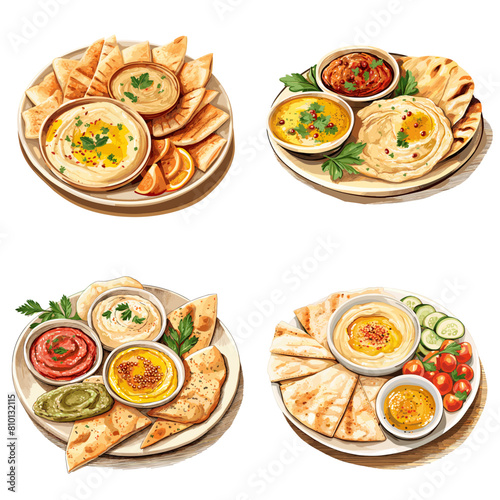 Watercolor illustration of Mediterranean hummus platters with pita bread and fresh garnishes. A perfect design for food art, Middle Eastern cuisine, restaurant menus, and healthy eating projects.