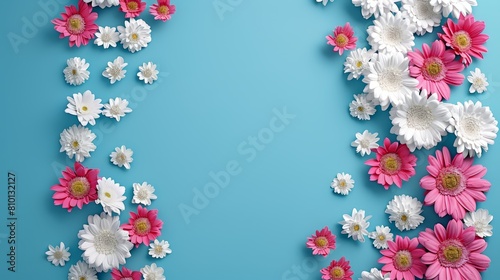   A blue backdrop featuring a cluster of pink and white blossoms, with an allotted space for text or an insertable image on a card © Wall