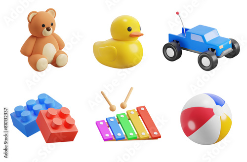 Fototapeta Naklejka Na Ścianę i Meble -  Children's toys, 3d icon set. Plush Bear, Rubber Duck, Remote-Control Car, Construction Blocks, Xylophone, Inflatable Rubber Ball. Playtime, Entertainment for kids. Objects on transparent background