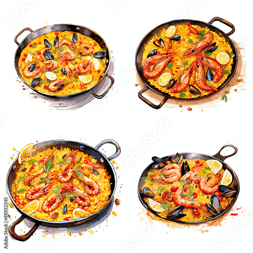Authentic Spanish seafood paella with shrimp, mussels, and saffron-infused rice, served in a traditional paella pan. Perfect for food blogs, menus, and culinary-themed designs.