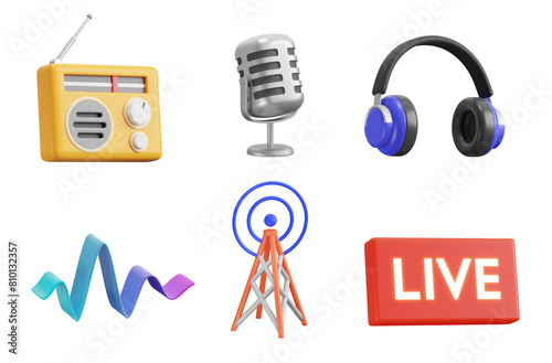 Radio, 3d icon set. Listening radio stations, fm wave. Microphone, Headphones, Sound FM Wave, Radio Tower, Live Recording. 3D object on a transparent background
