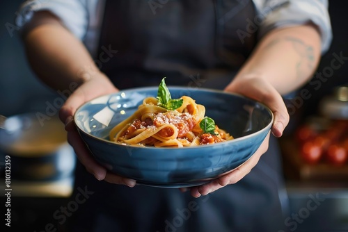 The photo shows a chef holding a bowl of pasta. The pasta is topped with a red sauce and basil. The chef is wearing a white apron and the background is blurred.