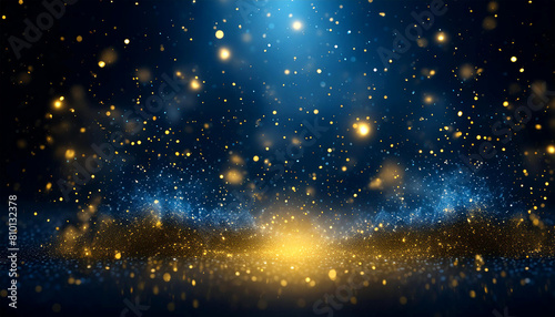 Abstract background with dark blue and gold particle. Magic night dark blue sky with sparkling stars. Gold glitter powder splash vector background.