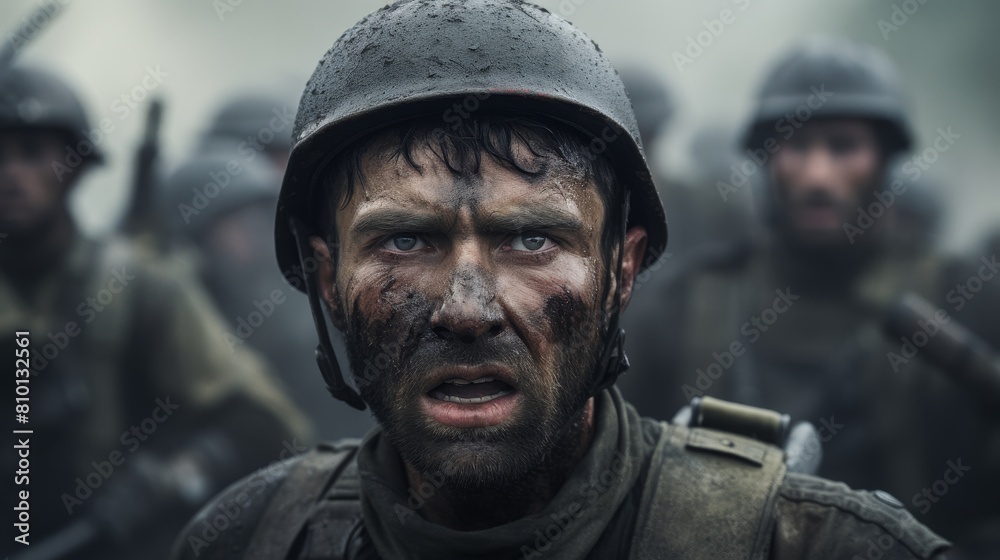 Intense soldier in military helmet with serious expression