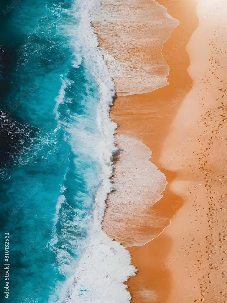 Aerial photograph of a picturesque coastline, where the azure ocean waters lap onto a pristine sandy beach. Aerial photograph of a picturesque coastline, where the azure ocean waters lap onto a pristine sandy beach.