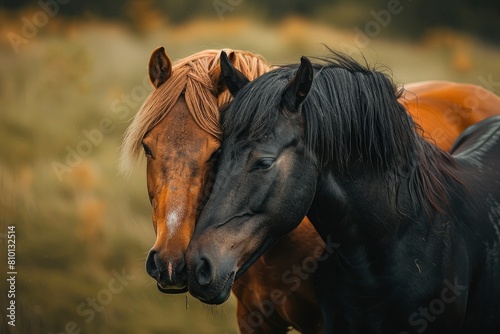 Two horses, one brown and the other black against a green grass background.