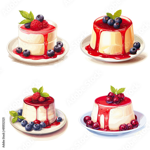 Watercolor illustration of creamy panna cotta topped with berry sauce and fresh fruits. A perfect design for desserts, gourmet pastries, bakery menus, and sweet treat projects.