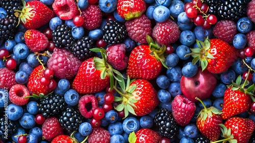 Assorted fresh berries make up a vibrant backdrop.