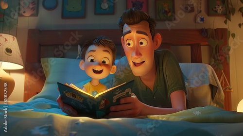 Father's Bedtime Story: As bedtime approaches, a father reads a story to his child, creating a comforting and bonding moment that they both cherish photo