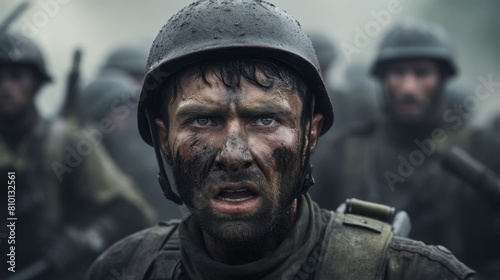 Intense soldier in military helmet with serious expression © Balaraw