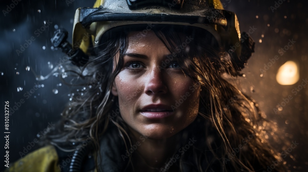 Determined woman in protective gear facing adversity Determined woman in protective gear facing adversity