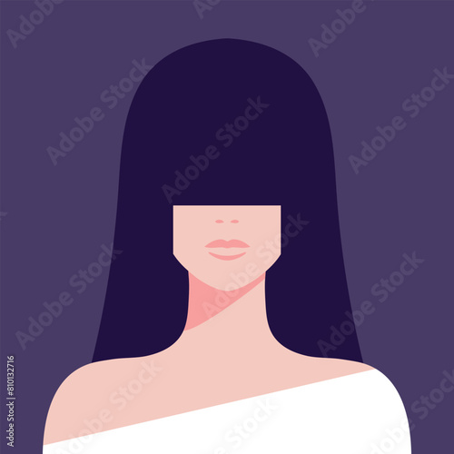 Abstract woman portrait. Brunette female with long bangs hair covering her eyes. Vector illustration