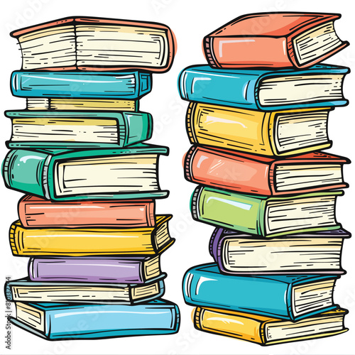 Two stacks colorful books leaning against other. Handdrawn style, vibrant primary secondary colors. Perfect educational themes, book lovers, reading materials