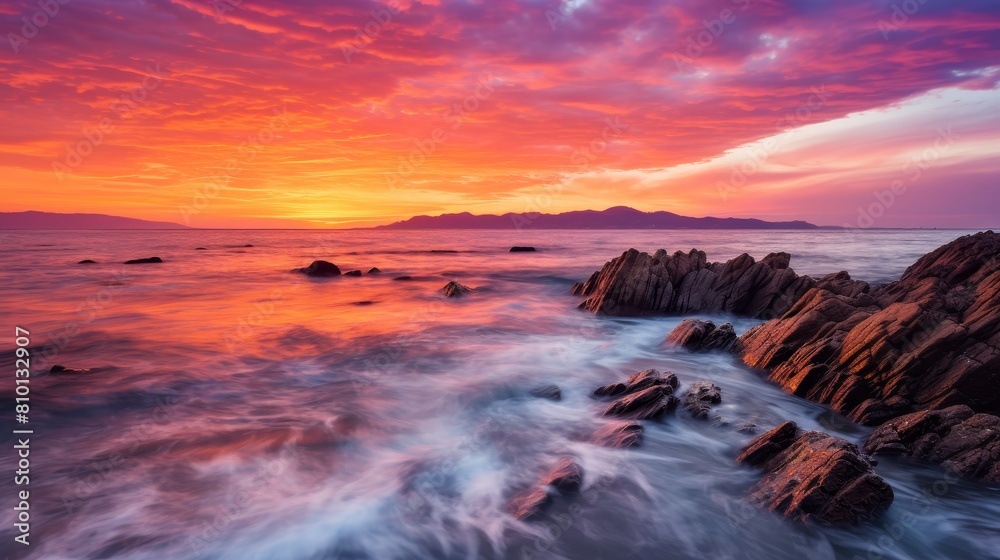 Obraz premium Breathtaking sunset over rocky coastline