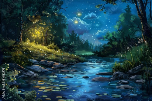 Tranquil forest scene with a babbling brook and a starry night sky  ideal for a lullaby-themed children s book cover