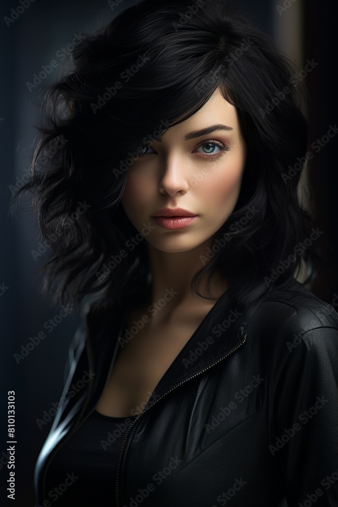 Mysterious woman with dark hair and intense gaze