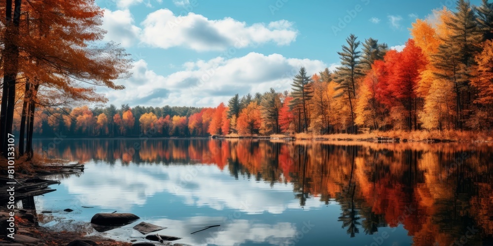 Naklejka premium Serene autumn landscape with colorful foliage reflected in a calm lake