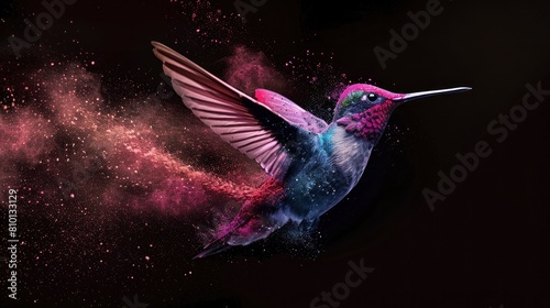A hummingbird made of colorful powder flying on the dark background. © Fatema