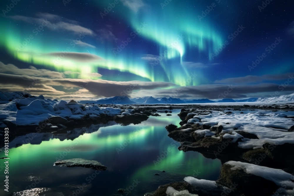 Breathtaking Northern Lights Reflection in Icy Landscape