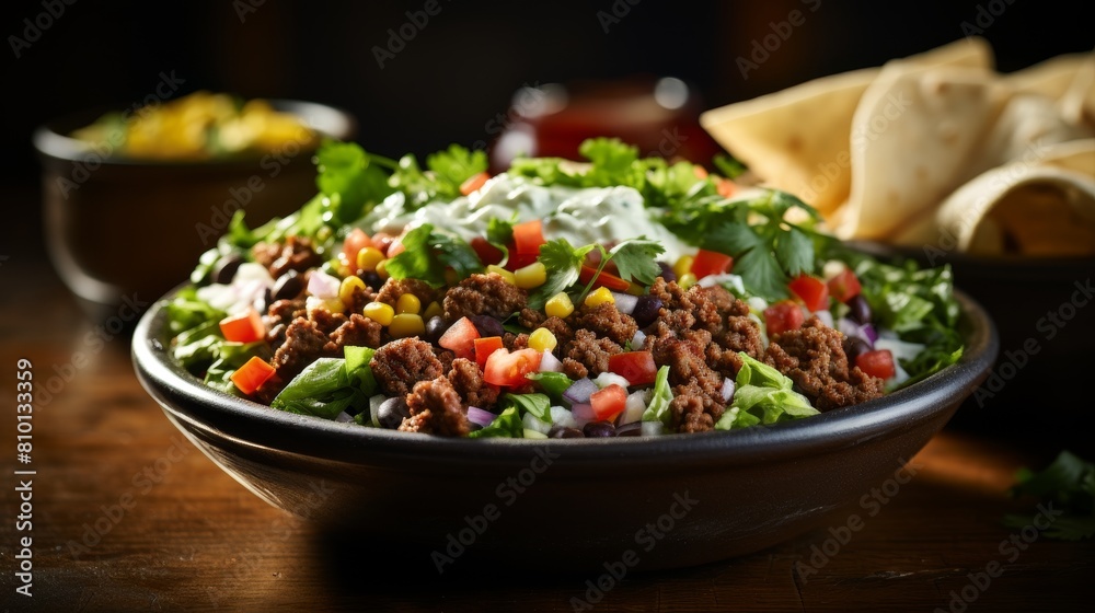 Delicious taco salad with ground beef, lettuce, tomatoes, and corn Delicious taco salad with ground beef, lettuce, tomatoes, and corn