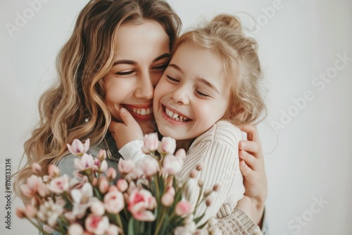 A woman and a child are hugging each other while holding a bouquet of flowers. The woman is smiling and the child is also smiling, creating a warm and loving atmosphere