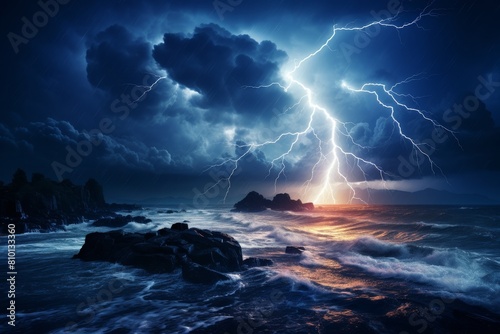 Dramatic storm with lightning over crashing waves on rocky coastline photo