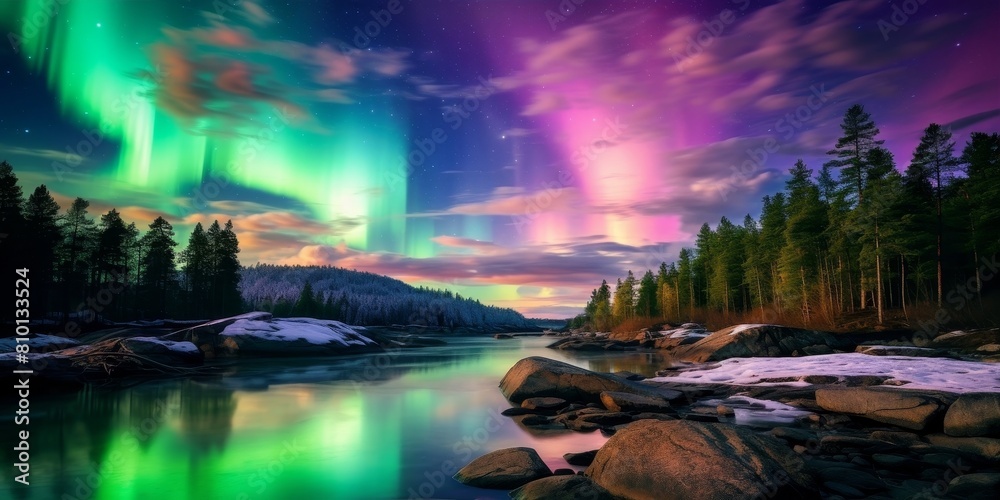 Breathtaking northern lights over snowy landscape