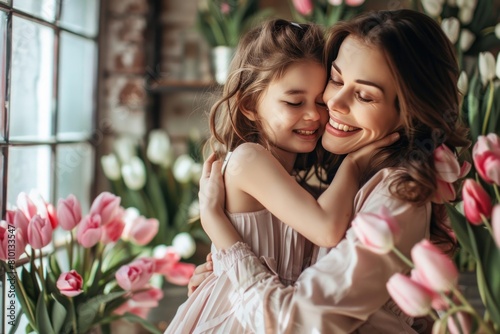 A woman is hugging a young girl in a pink dress. The girl is smiling and the woman is also smiling. The scene is set in a room with flowers, giving it a warm and loving atmosphere