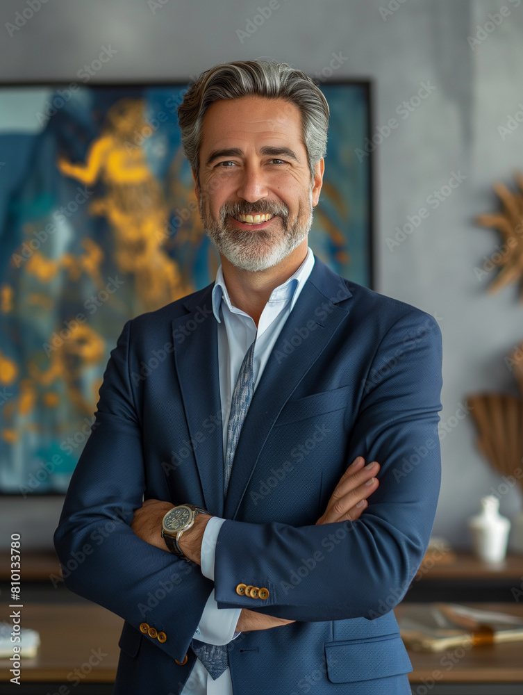 Fototapeta premium A man in a blue suit and tie is smiling for the camera