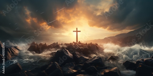 Dramatic sunset over rocky coastline with cross