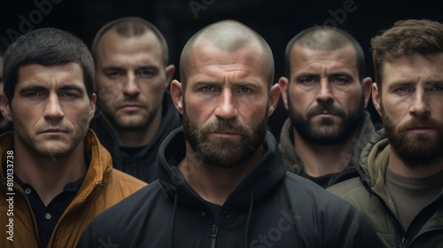 Serious group of men with beards and intense expressions