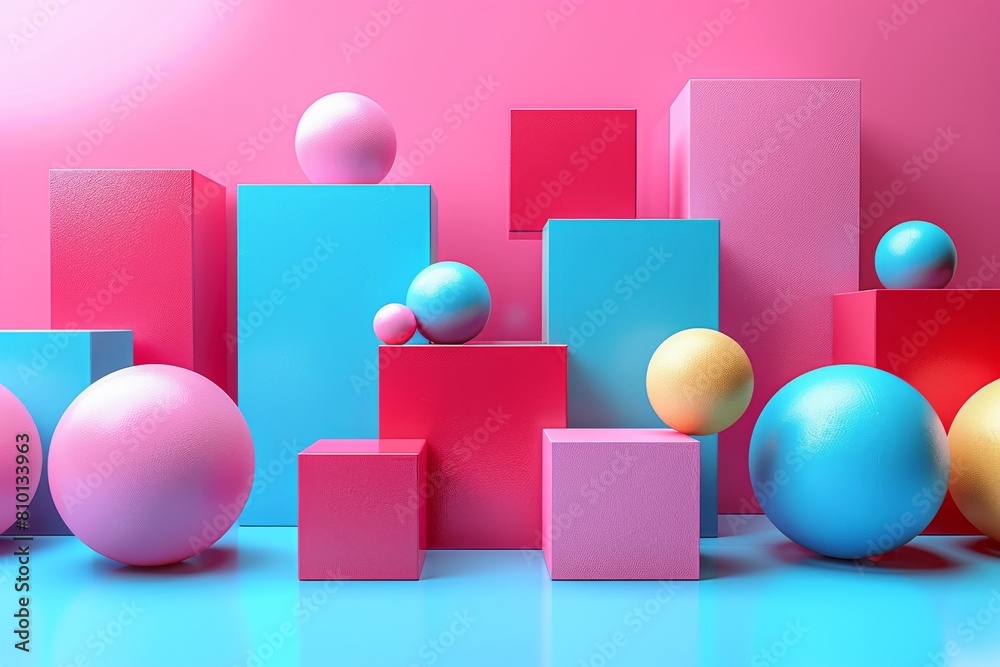 Vibrant abstract image with a mix of circular and cubical shapes in pink and blue tones arranged in a dynamic composition Vibrant abstract image with a mix of circular and cubical shapes in pink and blue tones arranged in a dynamic composition