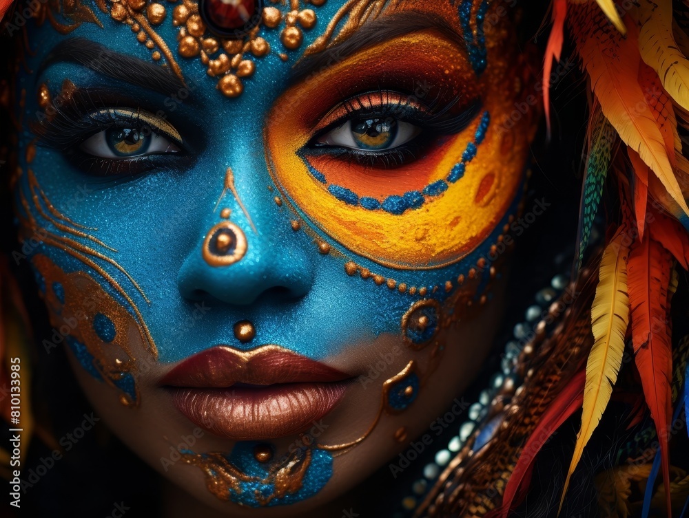 Colorful face art with feathers Colorful face art with feathers