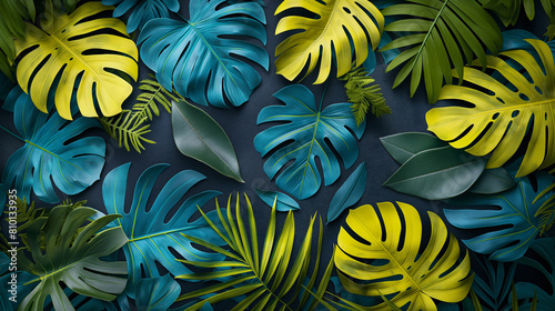 A colorful image of leaves and vines with a blue and yellow background