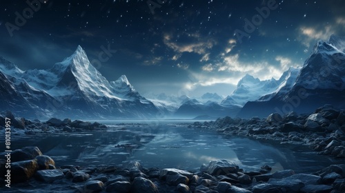 Serene winter landscape with majestic mountains and starry sky © Balaraw