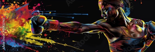 A beautiful female boxer in action, in a dynamic pose, with splashes of color paint on a black background, in the graffiti style Generative AI photo