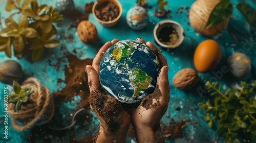hands holding the earth globe surrounded in the style of food and plants on blue background, concept of sustainable living and environment protection photo