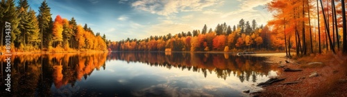 Breathtaking autumn landscape with vibrant foliage reflecting in a serene lake