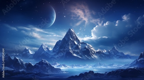 Majestic snowy mountain landscape under a crescent moon