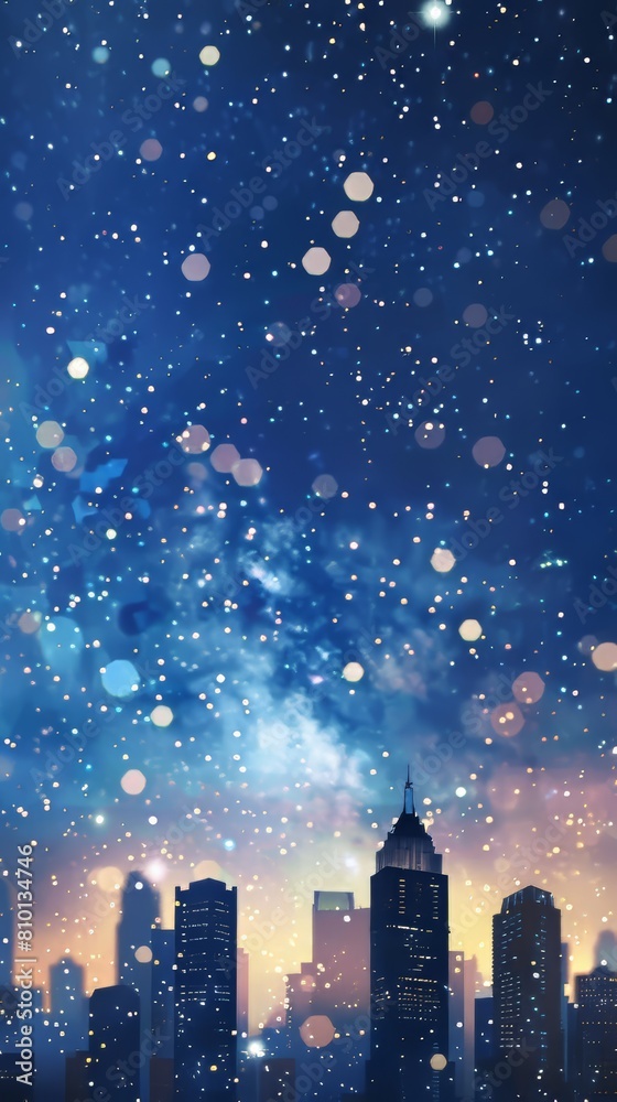 A digital city skyline silhouetted against a backdrop of shimmering stars
