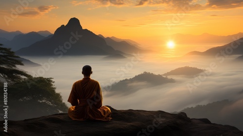 serene mountain landscape with meditating monk at sunset