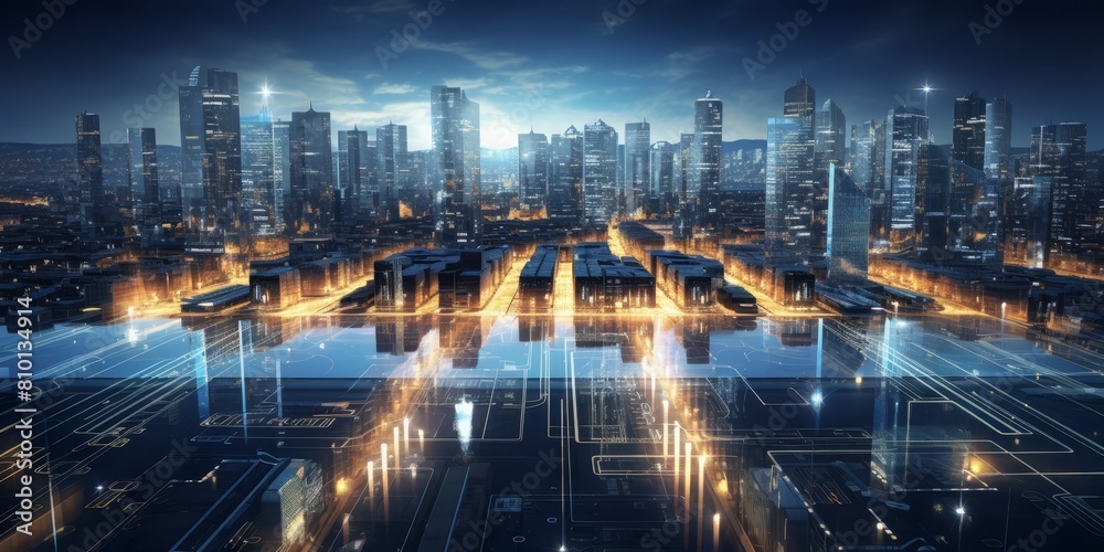 futuristic city skyline at night with glowing lights and reflections